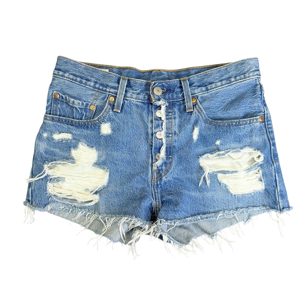 Levi's 501‎ Shorts Womens 27 Blue Distressed Denim Premium Cutoff High Rise